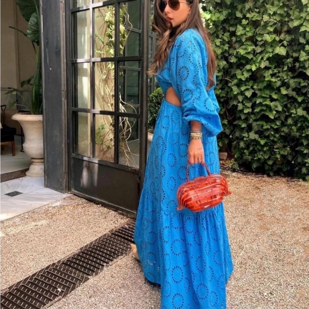 NWT Zara Embroidered cut out blue maxi dress size XS